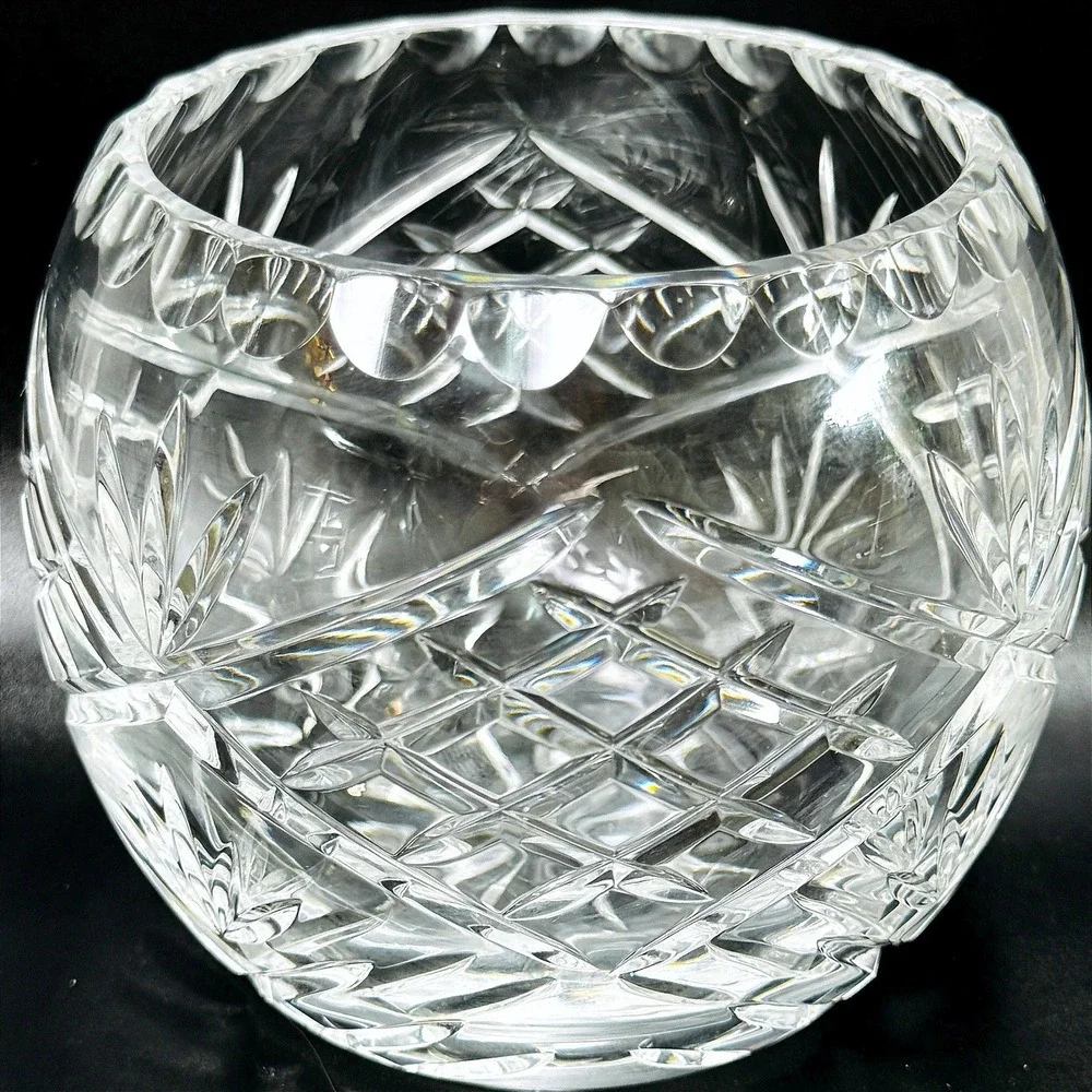 Vintage Hand Cut Lead Crystal Rose Bowl Orb Vase Fan Crosshatch Scalloped Rim